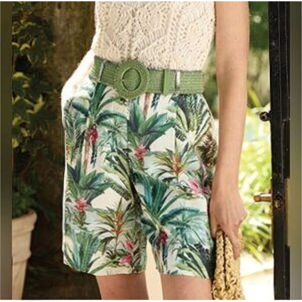 J. McLaughlin Women's 8 Tropical Palm Floral Print Long Shorts Resortwear Pocket
